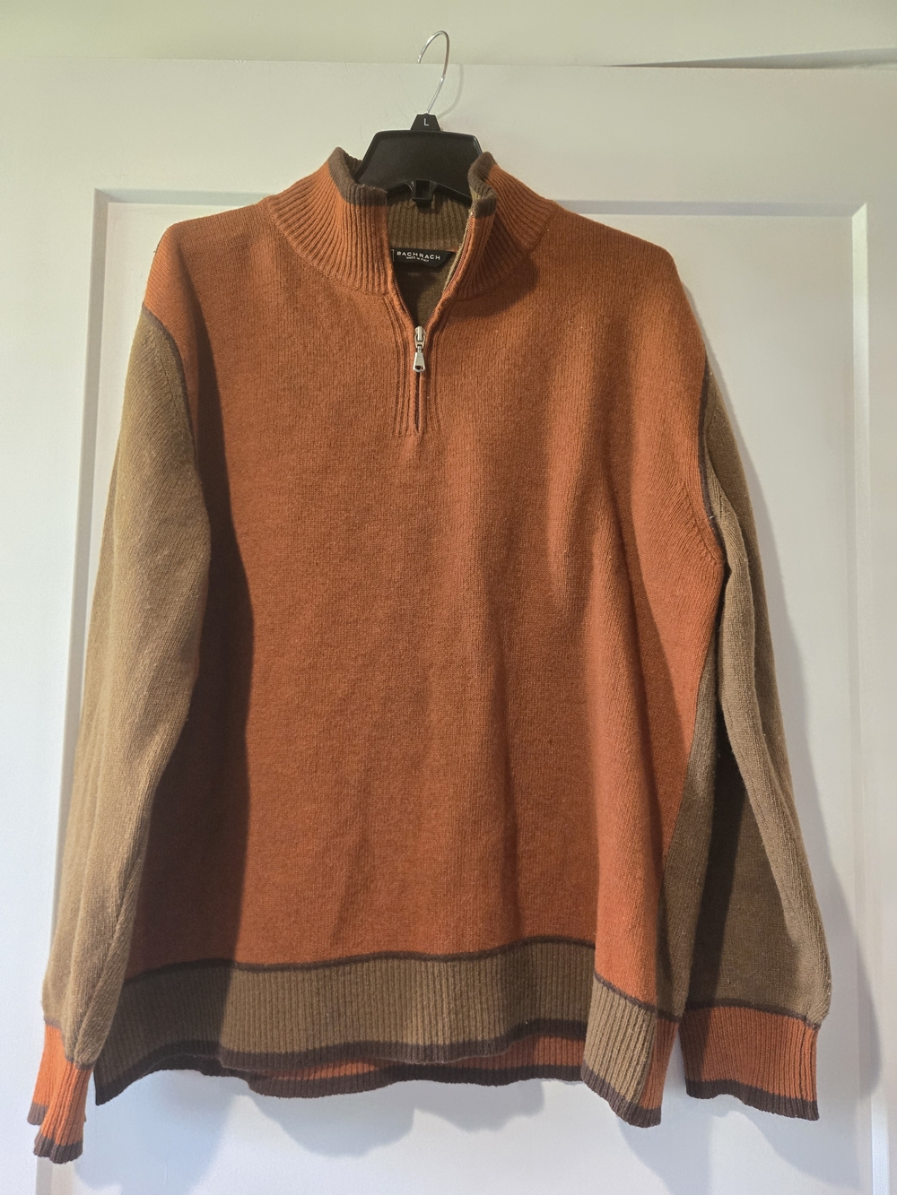 Bachrach Orange and Brown Colorblock Quarter-Zip Sweater Virgin Wool